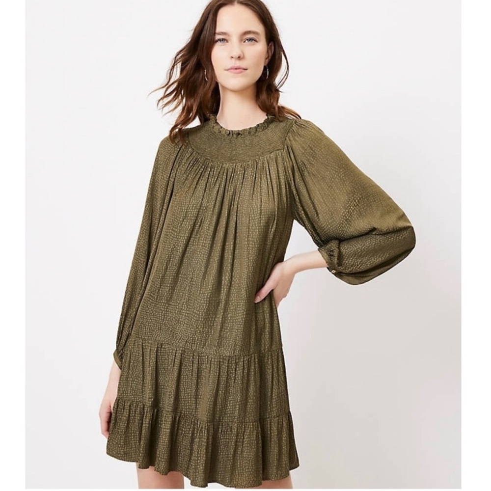 LOFT Fresh Ivy Green Smocked Yoke Swing Dress Women Size XL Long Sleeve Olive